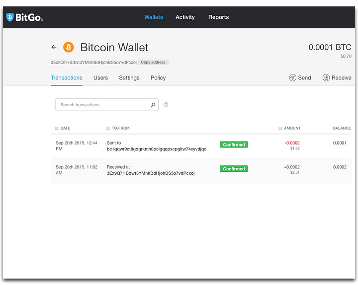 Wallet history shown in table view with basic transaction details