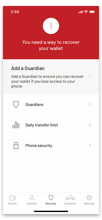 Navigate to the Security tab to add Guardians as recovery method