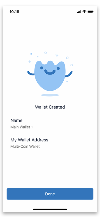 Wallet created confirmation screen. Select “Done”