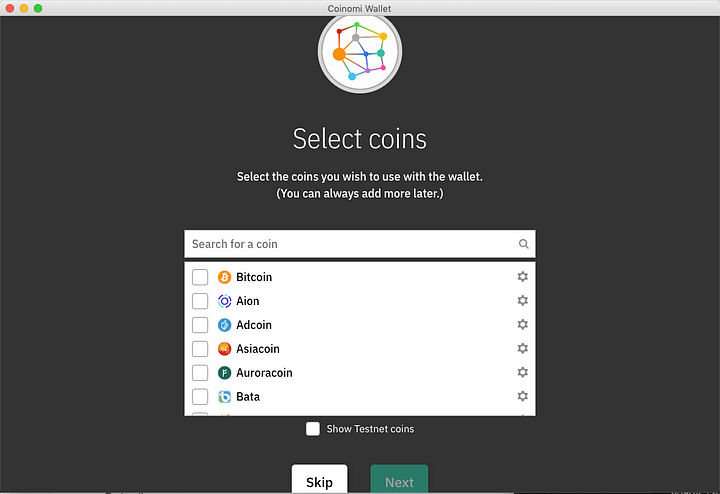 Select coins to use with the wallet