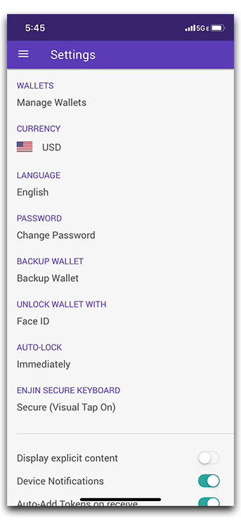 Many wallets enable localization with currency & language selection, as well as the ability to change passwords and view your recovery phrase