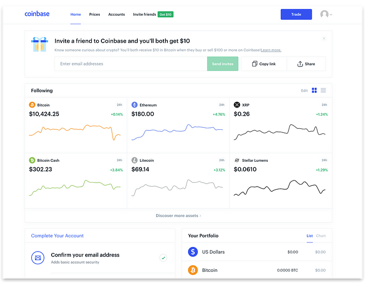 Home Screen: Coinbase, multi-currency