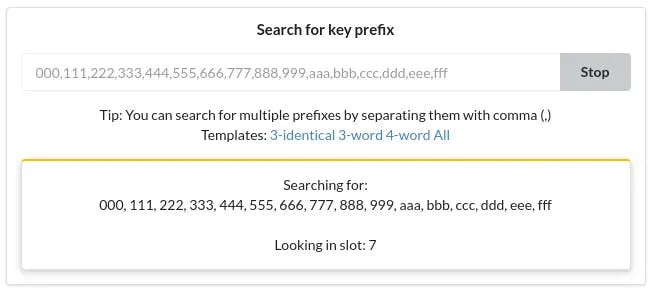 Example prefix search for keys starting with a repeated hex number
